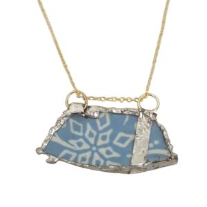 Upcycled Temptations Gold Plated Broken Ceramic Snowflake Trapezoid Necklace